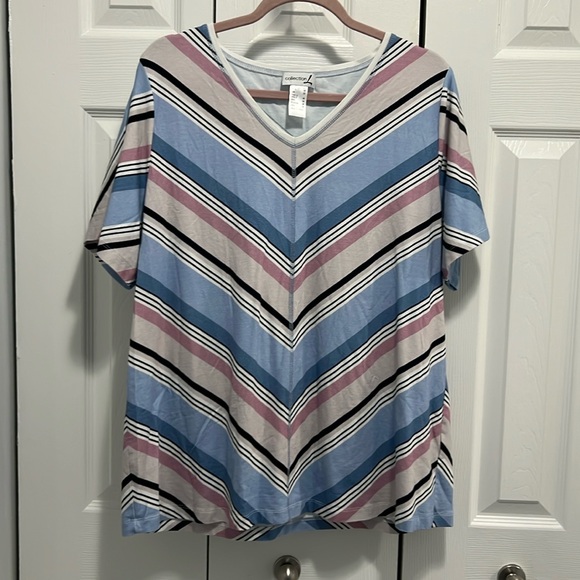 Collection L top pink/blue/white/black stripe size 16 $14 - Picture 1 of 3